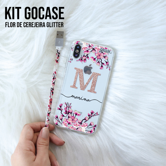 Kit Flor de Cerejeira Glitter (Cabo iPhone Lightning + Capinha)