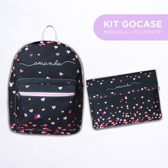 Kit Corações Flutuantes Black Manuscrita (Mochila + Clutch 13'')