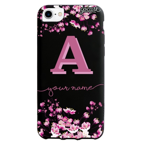 Black Case Cherry Blossoms Initial Pink