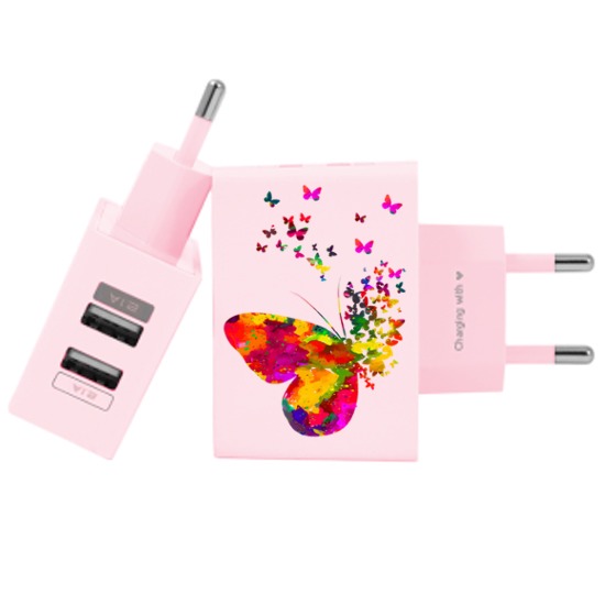 Carregador Personalizado Rosa iPhone/Android Duplo USB de Parede Gocase - Borboletas Flutuantes