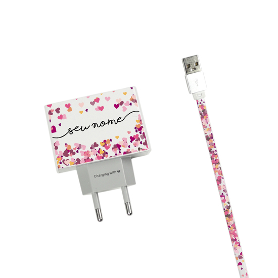 Kit Corações Flutuantes (Carregador Personalizado Duplo USB + Cabo iPhone Lightning)