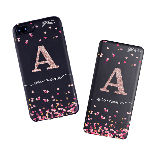 Kit Corações Flutuantes Glitter (Capinha Color Black + Carregador Portátil 5000mAh Preto)