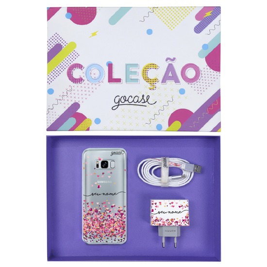 Kit Corações Flutuantes (Case + Cabo Type C + Carregador Duplo + Caixa Minha Coleção)