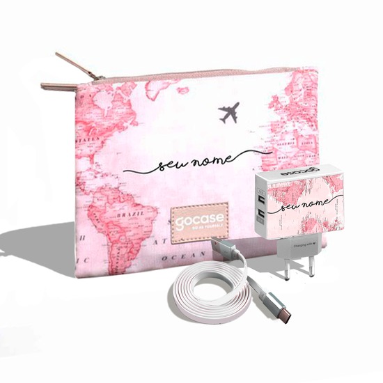 Kit Porta Acessórios Duplo - Mapa Mundi Rosa (Cabo Type C Simples + Carregador Duplo + Porta Acessórios Duplo)