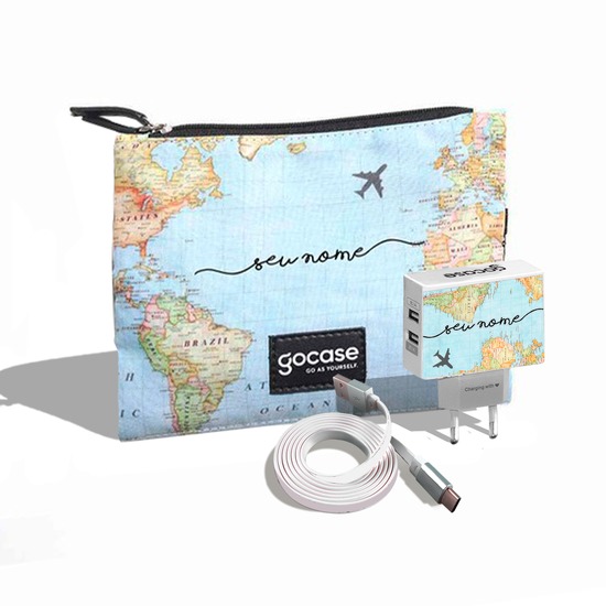 Kit Porta Acessórios Duplo - Mapa Mundi (Cabo USB Simples + Carregador Duplo + Porta Acessórios Duplo)