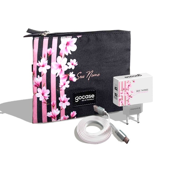 Kit Porta Acessórios Duplo - Floral Lines (Cabo iPhone Simples + Carregador Duplo + Porta Acessórios Duplo)